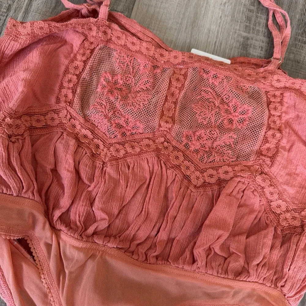 Free People Still The One Lace Embroidered Embroidered Bodysuit Coral Pink XS